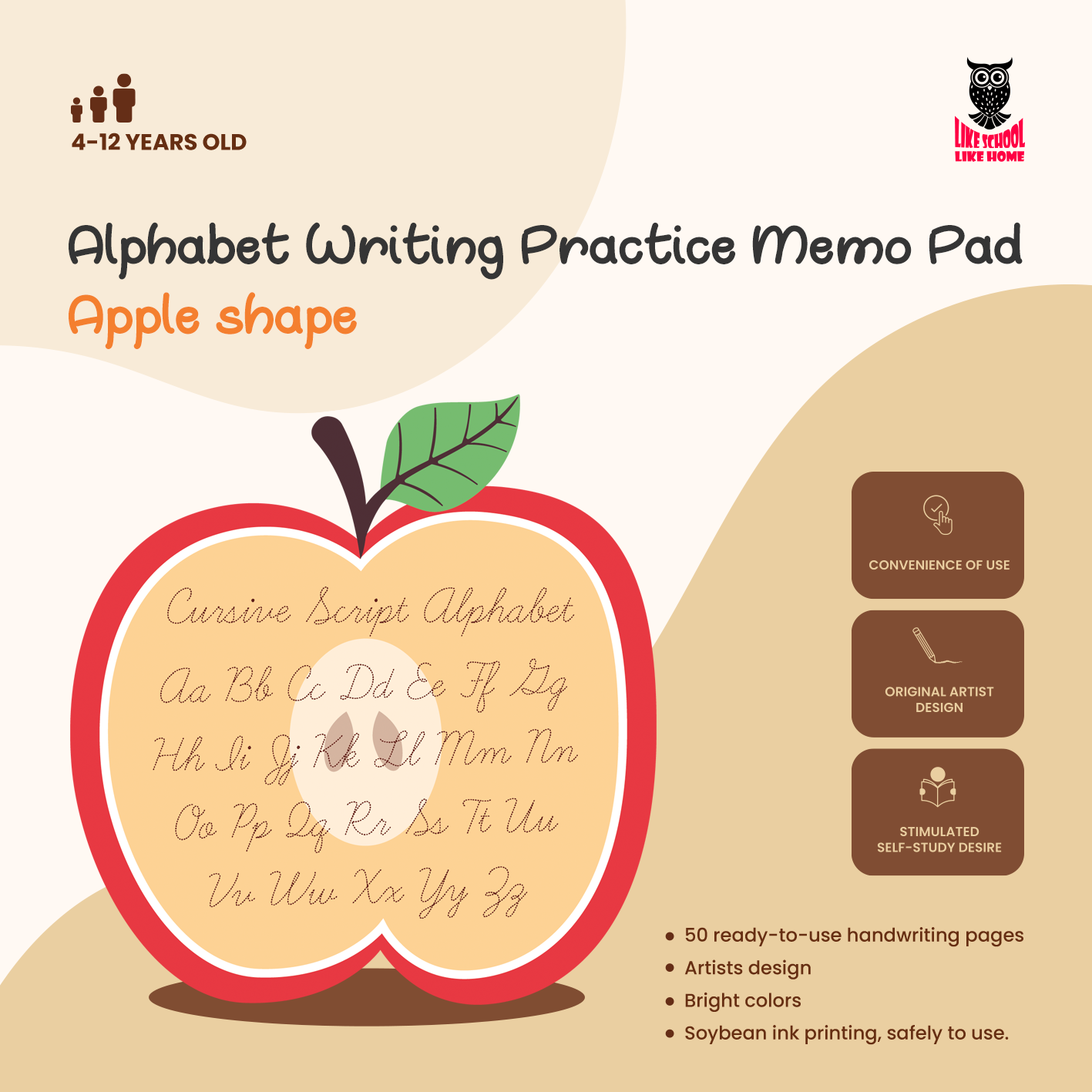 Cursive script alphabet apple shaped Practice memo pad